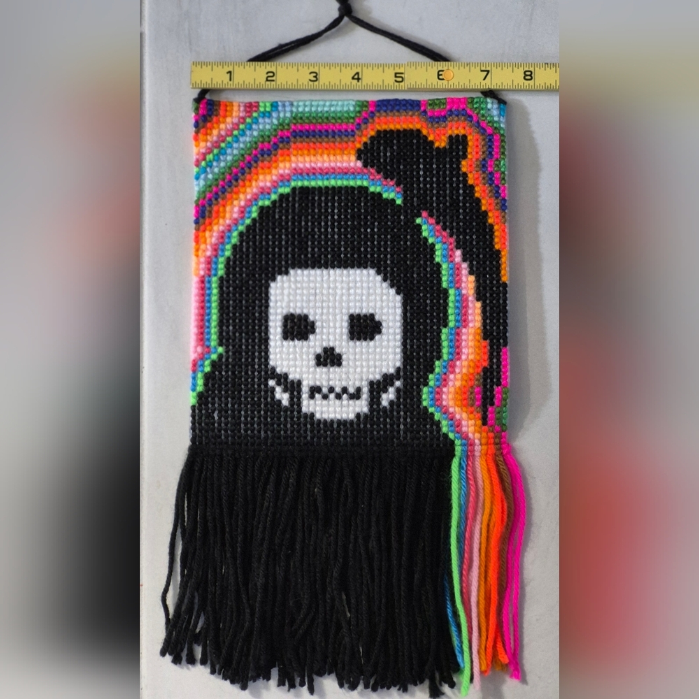 Handmade Cross Stitch Grim Reaper Yarn Tapestry Wall Hanging